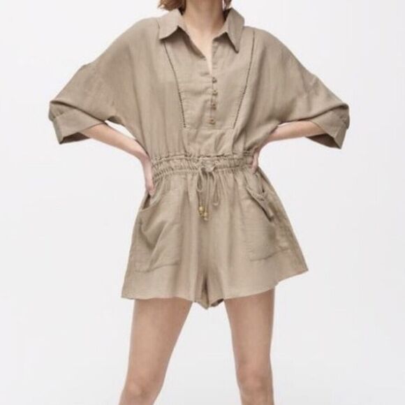 Zara Linen Blend Tan Lightweight Jumpsuit Romper Size S - Picture 1 of 12